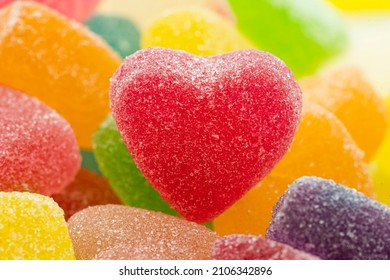 Closed Up Heart Shape Candy. Red Heart Sugar Candy .Fruity Gummy Sugar Texture.