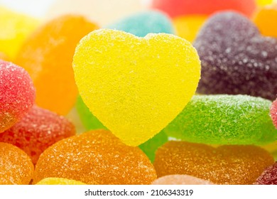 Closed Up Heart Shape Candy. Red Heart Sugar Candy .Fruity Gummy Sugar Texture.