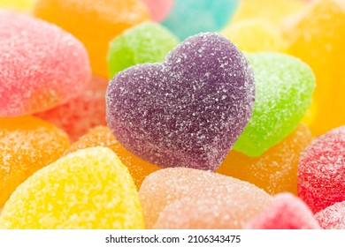 Closed Up Heart Shape Candy. Heart Sugar Candy .Fruity Gummy Sugar Texture.