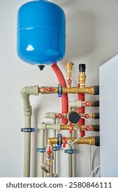Closed heating system featuring expansion tank, pipes, and shut-off valves, ensuring efficient thermal expansion control