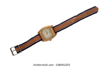 Closed Up Image Of A Broken Wrist Watch Over A White Background