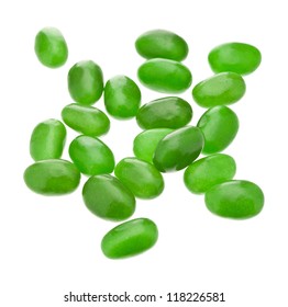 Closed Up Image Of Green Jelly Beans Over A White Background