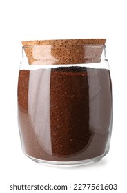Closed jar with coffee powder isolated on white background