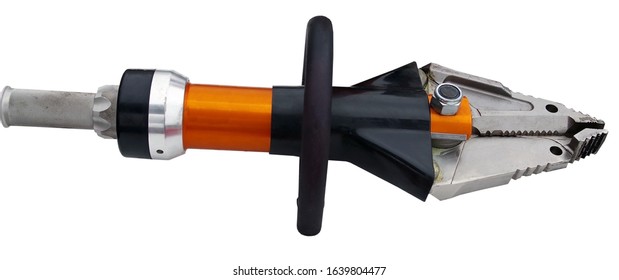 Closed Jaws Of A Mechanical Hydraulic Rescue Tool On White Background