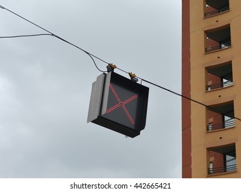 Closed Lane Signal On The Overhead Traffic Light