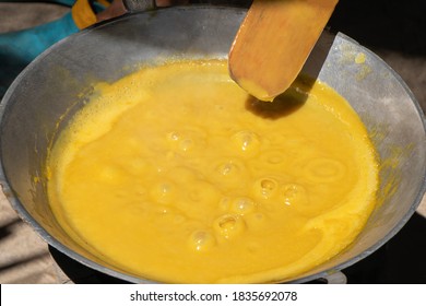 Closed Up Making Mango Jam For Sun Dried Mango Sheets Rolls Sticky Chewing Snack Thai Fruit Isolated On White Background With Clipping Path.