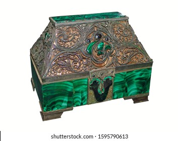 Closed malachite box, casket. Russian mosaic, filigree. Isolated on white background. - Shutterstock ID 1595790613