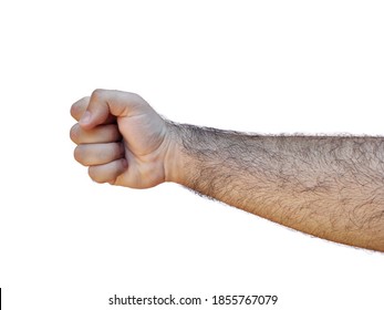 Closed Male Fist, Hairy Arm Isolated On White Background