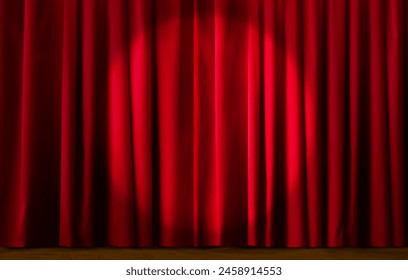 Closed maroon red curtain of stage with spotlight before show. Art performance background.