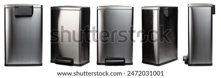Closed metal garbage bin different view isolated on studio background