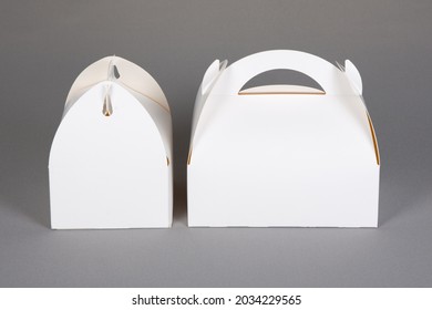 Closed Mockup Cardboard Two White Mock Up Pastry Box Transport Cakes Isolated On Grey Background