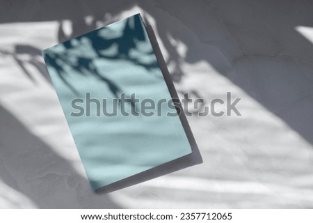 Closed notebook with blue blank cover mock up on white table with natural floral sun light shadows. Aesthetic minimalist company business branding template.
