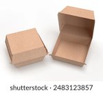 Closed and opened kraft burger box mock up. Packaging for hamburger, lunch, fast food, burger and sandwich on white background. High angle view