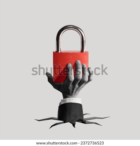 Closed padlock in hand. Art collage.