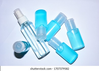 Closed Up Picture Of Alchohol Gel Spray Plastic Bottles With White Background, Useful For Cleaning.