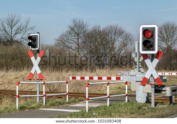 Closed Railway Crossing Barrier Lights Flashing Stock Photo Edit Now