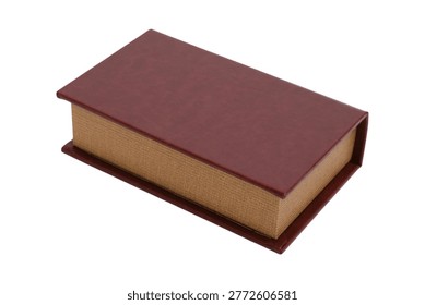 Closed rectangular casket made of red leather isolated on white background. Elegant container for jewelry or small object storage. Luxury accessory box for gift and premium packaging.