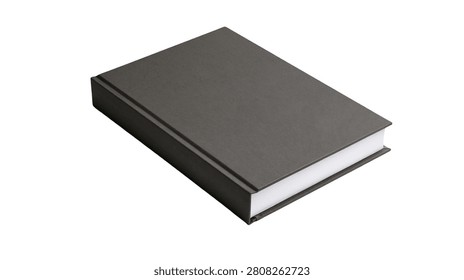 Closed rectangular dark grey hardcover book with white pages