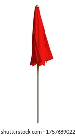 Closed Red Beach Umbrella Isolated On White. Clipping Path Included.