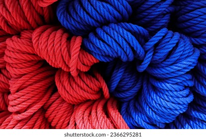 Closed up of Red and blue twisted nylon rope with color contrast