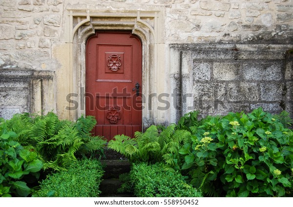 Closed Red Door Opening Secret Garden Stock Photo Edit Now 558950452