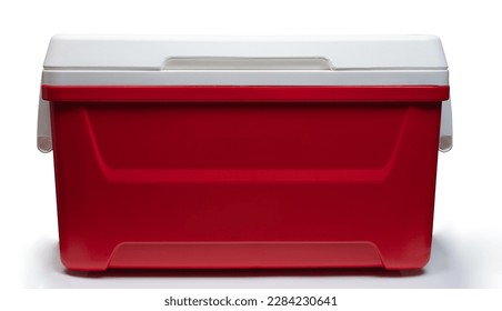 Closed red  plastic thermo refrigerator  front view isolated on white studio background