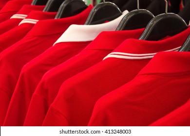 Closed Up Red Polo Shirts  In The Shopping Mall