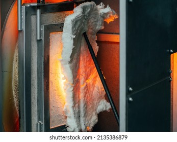 Closed Red-hot Furnace With Fire To Make The Glass, Close Up Photo. Kiln Furnace For Glass Blowing