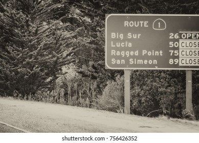 Closed Road Signs In Big Sur, California.
