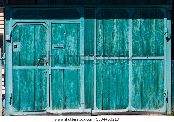 Closed Rustic Imperfect Green Garage Gate Stock Photo Edit Now