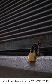 Closed Shop Shutter And Padlock. Economic Crises And Bankruptcies.