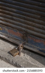 Closed Shop Shutter And Padlock. Economic Crises And Bankruptcies.