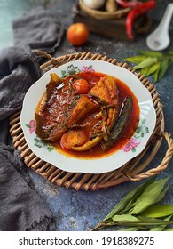 A Closed Up Shot Of Asam Pedas Ikan Pari. Asam Pedas Is A Minangkabau And Malay Sour And Spicy Fish Stew Dish. It Is Popular In Indonesia And Malaysia, Selective Focus.