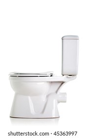 Closed Toilet, Side View, Isolated On White