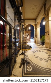 Closed Traditional Parisian Cafe Restaurant At Night.