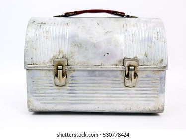 Closed Vintage Aluminum / Tin Lunchbox. White Background. Horizontal.