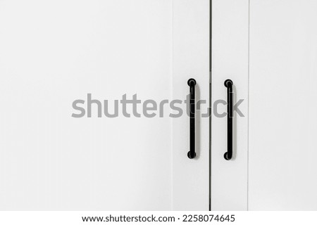 closed white wardrobe with wooden doors and black metal handles in dressing room, modern furniture at home, storage concept