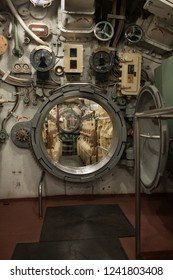 Closely Inside The Submarine, Round Hatch In The Engine Room