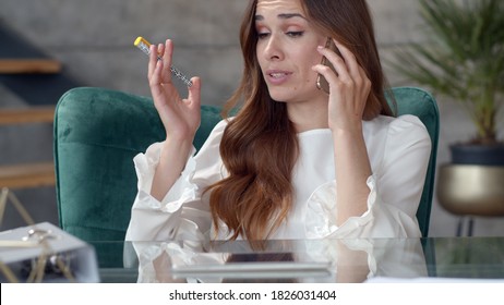 Closeu Up Young Business Woman Feeling Sad After Phone Call In Office. Depressed Talking Phone In Slow Motion. Portrait Of Frustrated Woman Meditating On Workplace