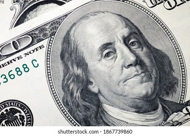 Close-up Of 100 Dollar Bill Paper. Background For Financial Articles