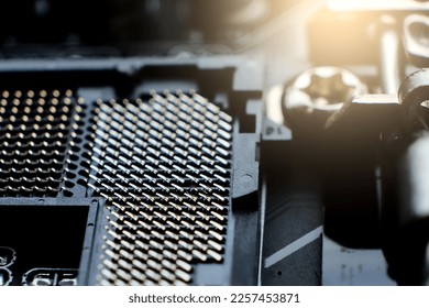 Close-up of 1155 computer motherboard. LGA 1155 socket for processor mount - Shutterstock ID 2257453871
