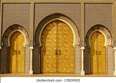 Closeup of 3 Ornate Brass and Tile Doors to Royal Palace in Fez, Morocco
