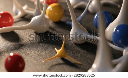 Close-up 3D render of a stylized neural network, showing connections between neurons and synapses, with colorful spheres representing data or signals.