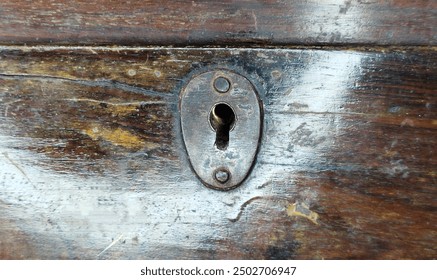 Closeup of an abandoned aged or old black rusty iron metallic keyhole for opening or unlocking the vintage wooden lock. Ancient antique safety and security object concept. - Powered by Shutterstock