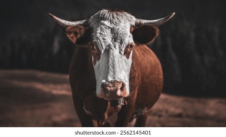 A close-up of an Abondance Cow looking straight into the camera, in the French Alps, dark and moody atmosphere, reduced colours, centered, 16:9