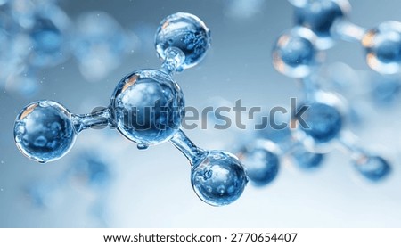 A close-up, abstract 3D rendering of a water molecule, showcasing its atomic structure with a blue, glossy finish.
