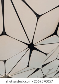 A close-up of an abstract ceiling design. The ceiling is composed of irregular, geometric shapes in shades of white and black, creating a visually interesting and modern pattern.