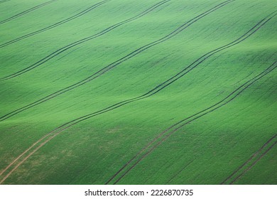 Close-up, abstract detail of tractor track lines over the rolling countryside landscape in the farmland of South Moravia in the Czech Republic.