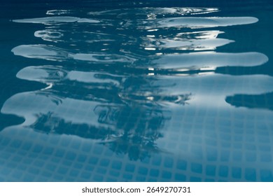 Close-up of abstract reflections and patterns on the surface of blue pool water. Ideal for backgrounds, textures, and relaxation or design themes