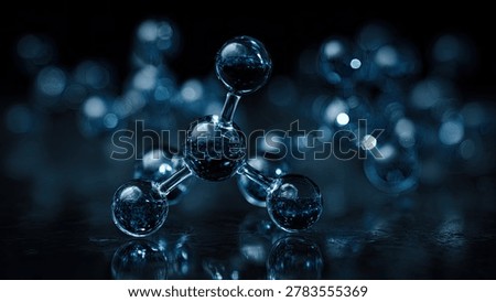 A close-up, abstract representation of a molecular structure with interconnected glowing blue spheres against a dark background.